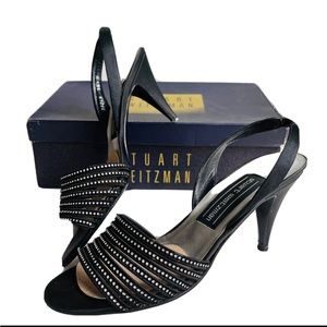 Vintage Stuart Weitzman Black Satin Rhinstone Strap Slingback Heels Shoes Sz 7.5